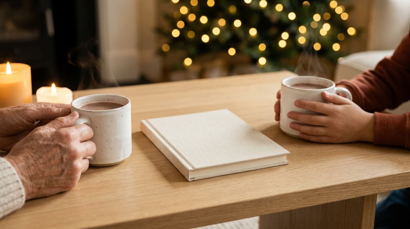 Mains tenant une tasse de chocolat chaud à côté d'un livre relié, ambiance intérieur d'hiver