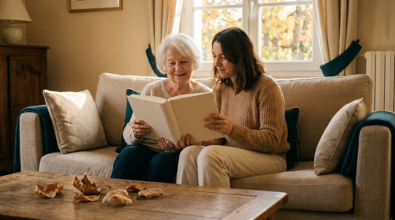 Une grand-mère et un petit-enfant regardent ensemble un album de famille, lumière douce d'automne