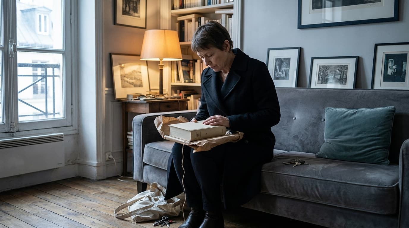 Une femme de 60 ans souriante qui tient un livre relié, ambiance jardin lumineux
