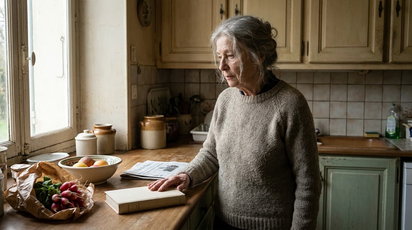 Une femme élégante tenant un livre relié dans son jardin, lumière dorée de fin d'été