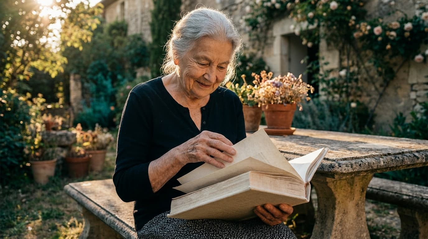Une femme âgée souriante tient un livre relié dans un jardin ensoleillé
