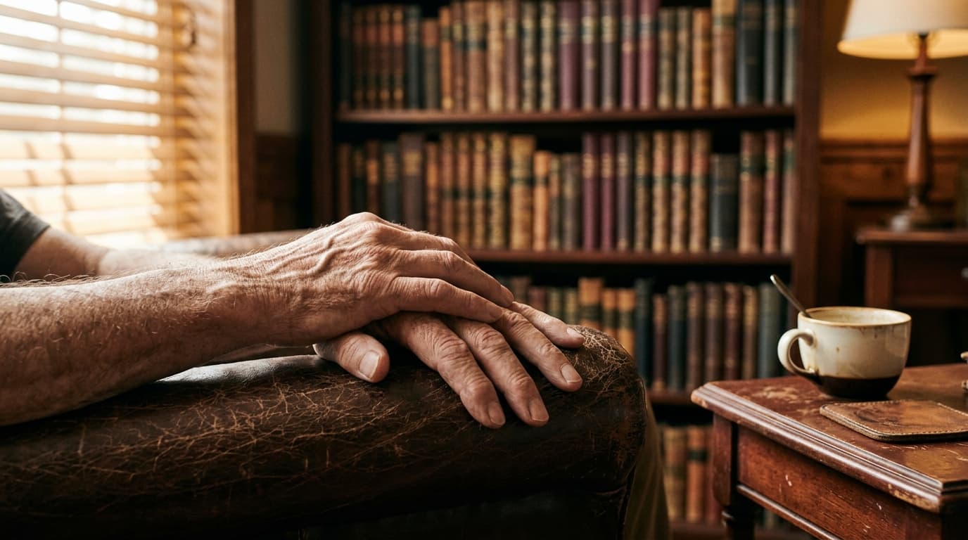 Mains d'un homme âgé posées sur l'accoudoir de cuir d'un fauteuil club, bibliothèque chaleureuse floue en arrière-plan