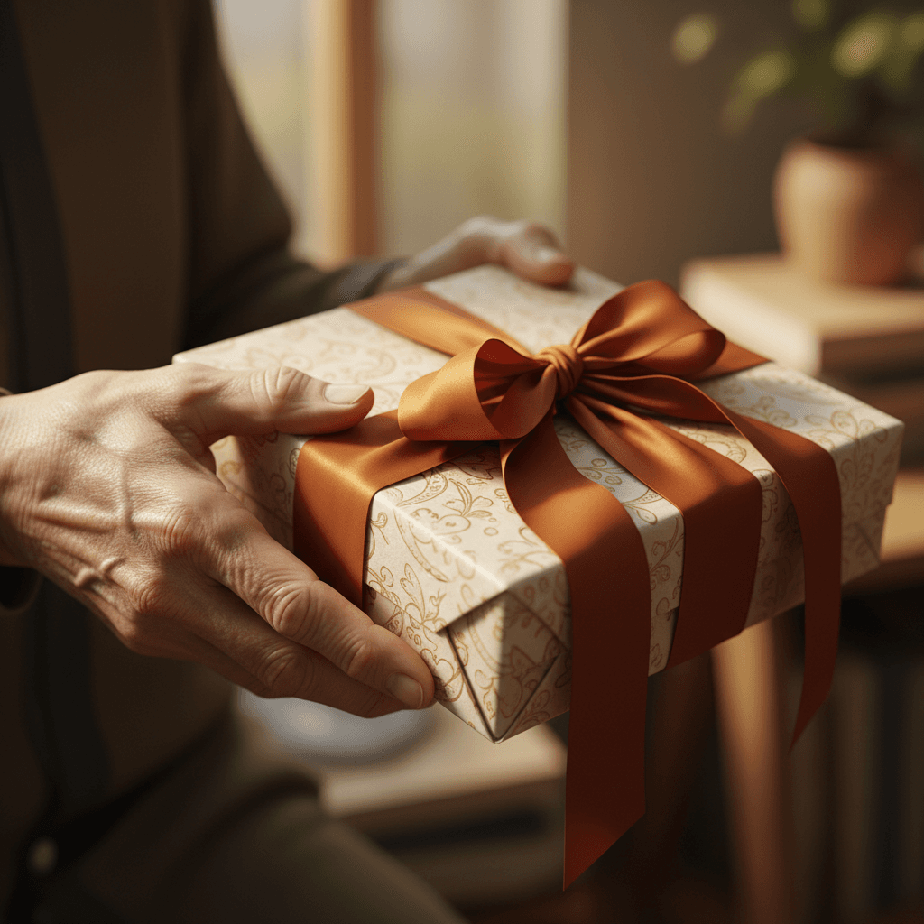 Des mains qui tendent un livre relié comme un cadeau, ambiance chaleureuse