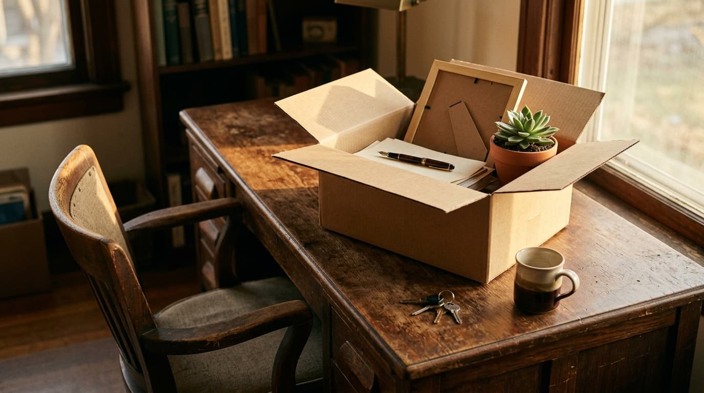 Un bureau qu'on vide en fin de journée, carton ouvert contenant un stylo, un cadre photo retourné et une petite plante