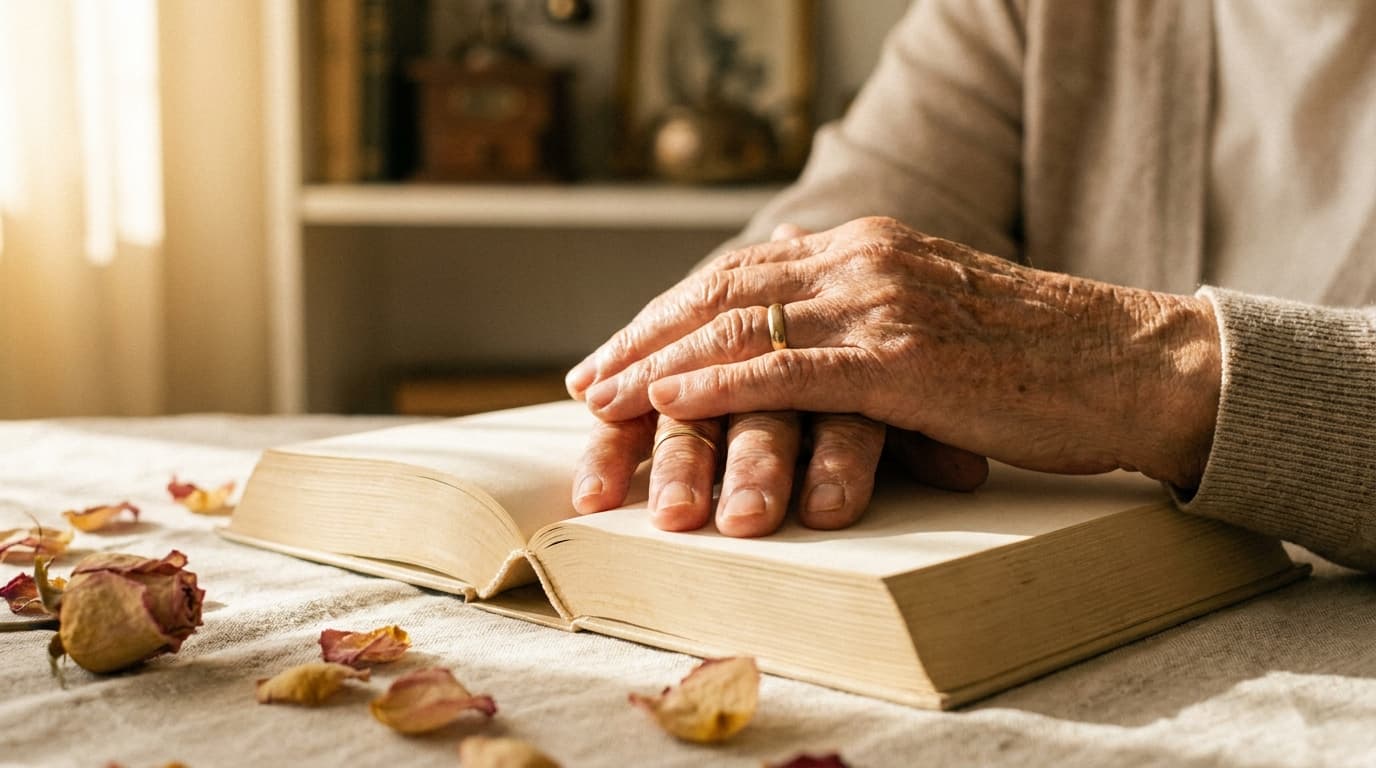 Deux mains âgées qui tiennent un livre relié, alliances dorées visibles, lumière chaude