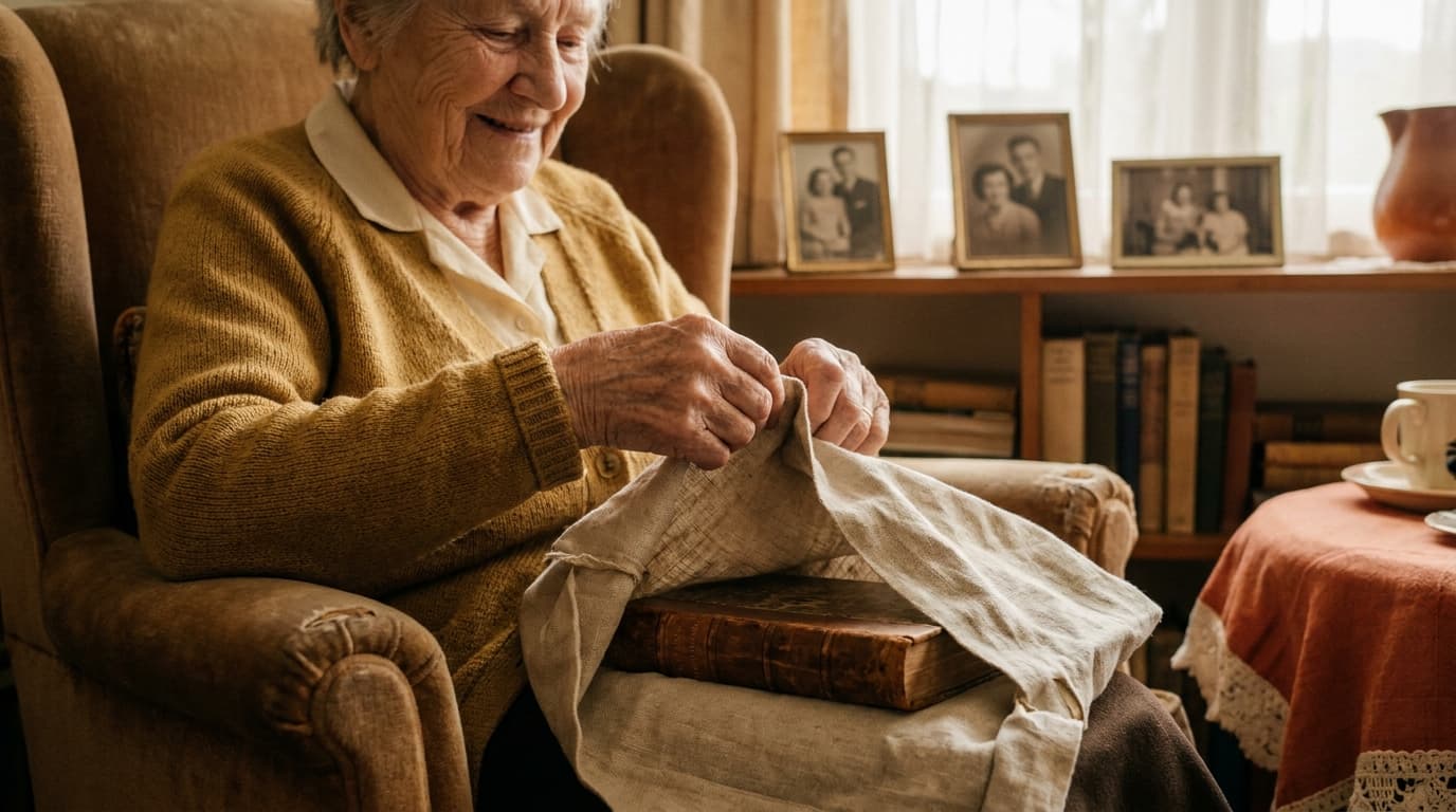 Une grand-mère qui découvre un cadeau avec une expression émue, ambiance maison familière