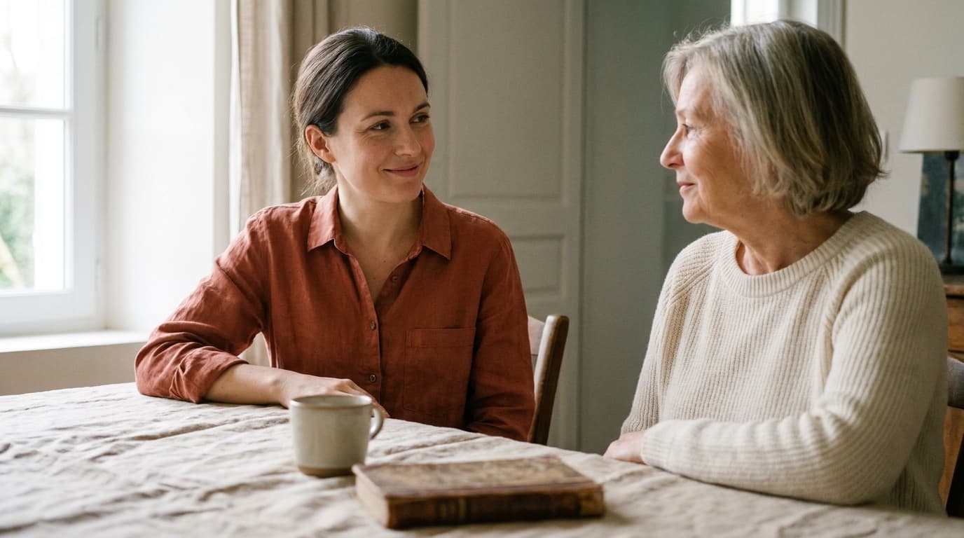 Deux femmes adultes qui partagent un moment autour d'un café et d'un livre relié