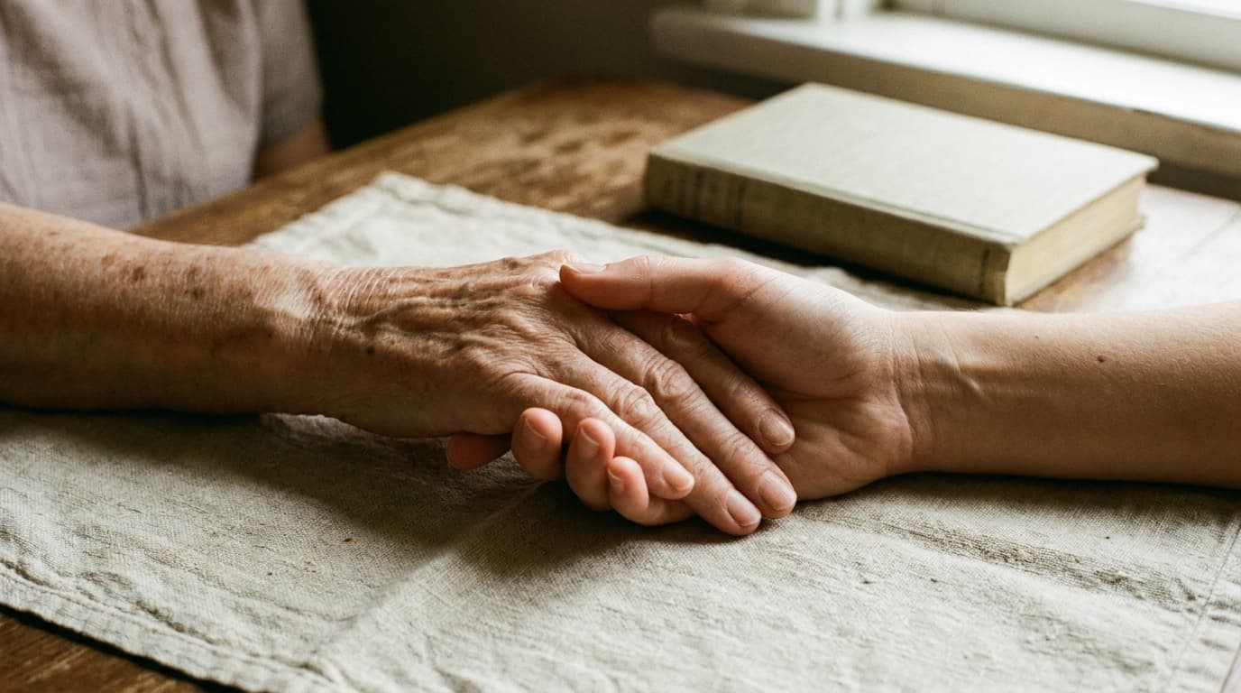 Deux mains entrelacées, intergénérationnelles, ambiance douce et bienveillante