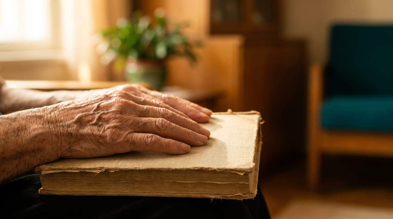 Mains très âgées posées sur un livre relié, lumière douce