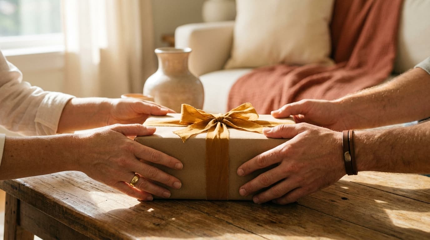 Plusieurs mains adultes qui se tendent ensemble vers un cadeau emballé, complicité de fratrie
