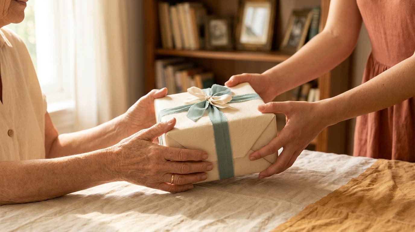 Mains d'une grand-mère qui reçoit un cadeau emballé de sa petite-fille adulte, lumière naturelle douce