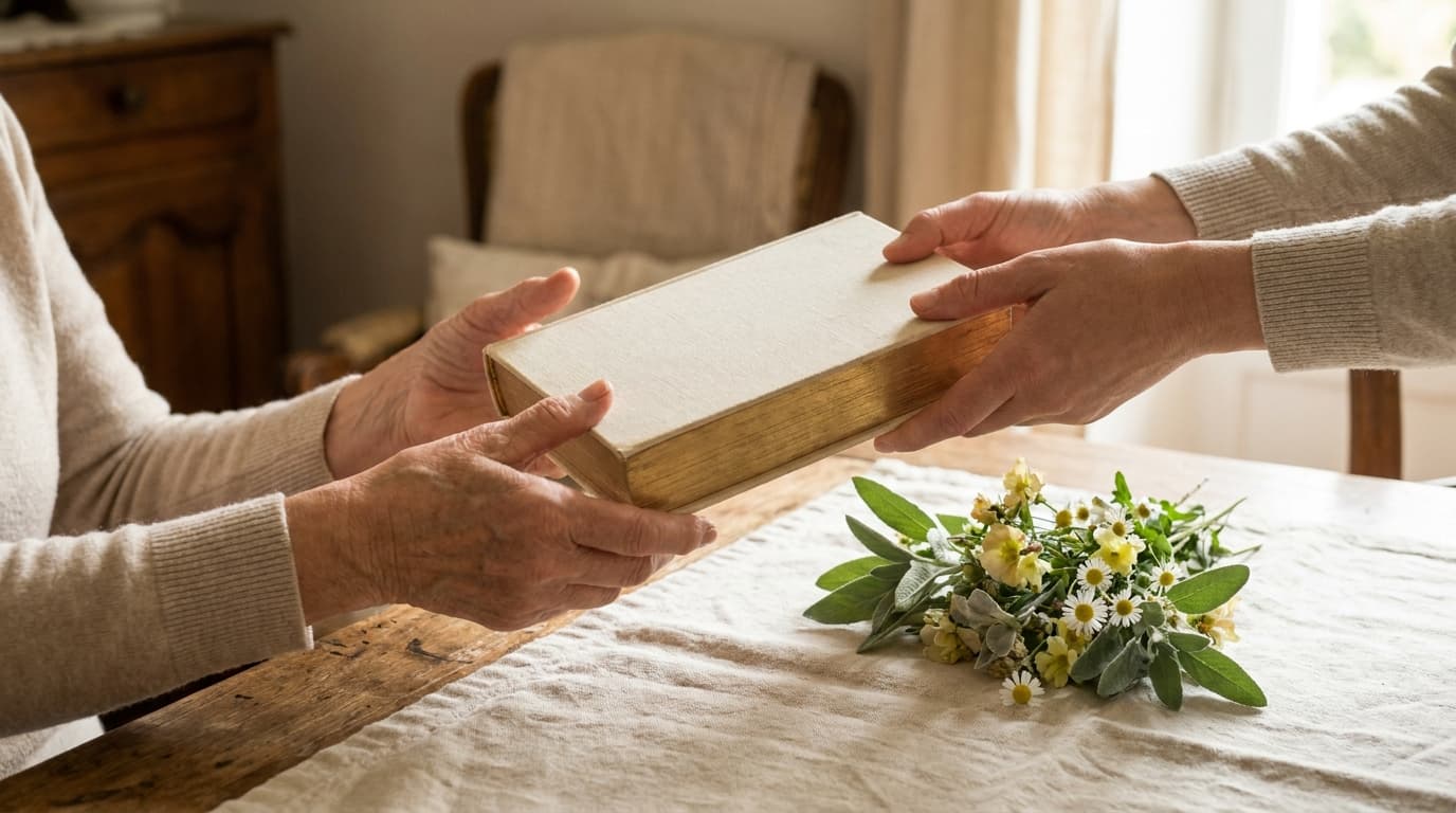 Des mains qui tendent un livre relié comme un cadeau, ambiance chaleureuse
