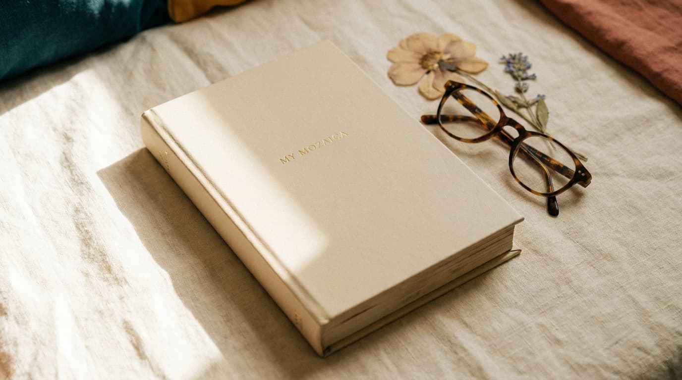 Un livre relié posé sur un lin chaleureux, lumière naturelle, ambiance maison d'édition