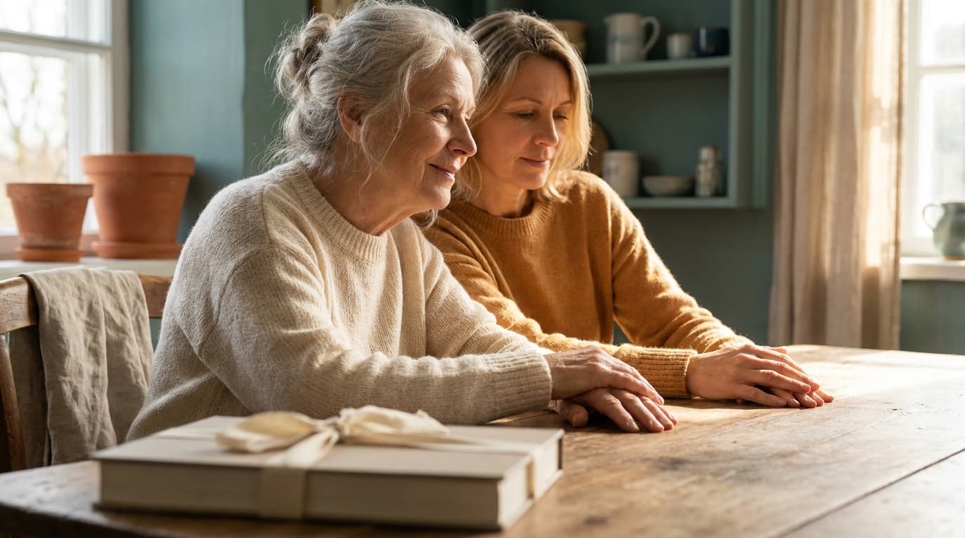 Une mère et sa fille adulte, livre relié au premier plan, conversation calme dans un salon chaleureux