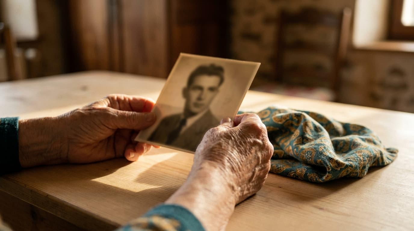 Main âgée posée sur une photo ancienne, lumière chaude, ambiance intimité et mémoire