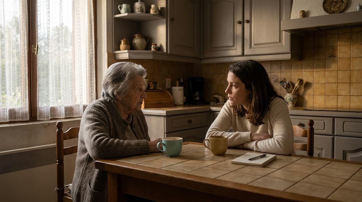Deux personnes en discussion intime devant une tasse de thé, lumière chaude