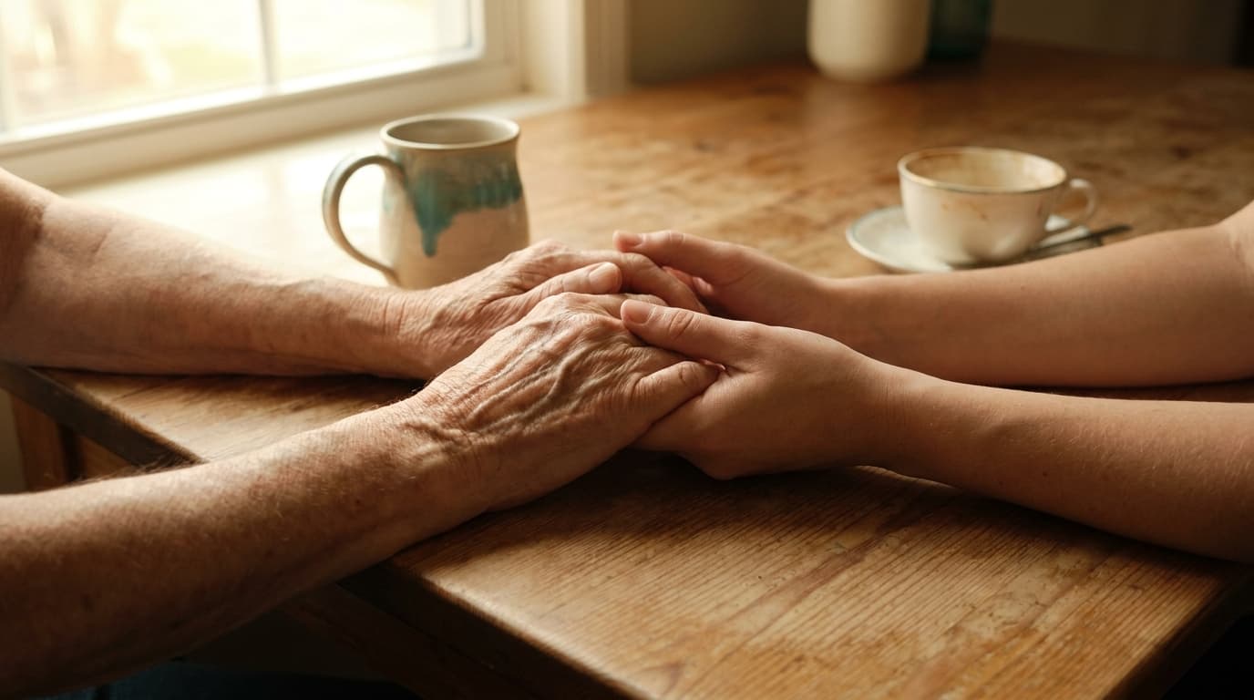 Deux mains qui se tiennent, ambiance de soutien silencieux lors d'un moment difficile