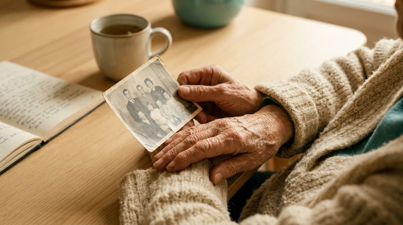 Mains âgées tenant une photographie ancienne, ambiance douce et respectueuse