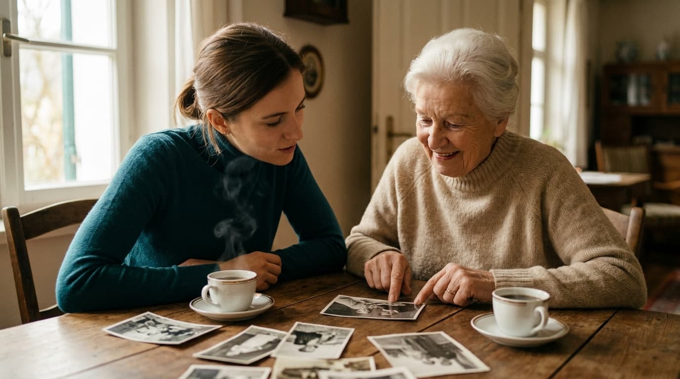 Une jeune femme et sa grand-mère en conversation autour d'un café et de photos anciennes