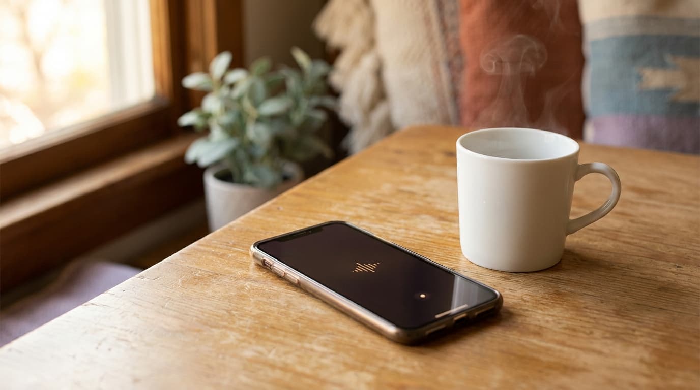 Un smartphone posé sur une table en bois, lumière chaude de fin d'après-midi, ambiance enregistrement à la maison
