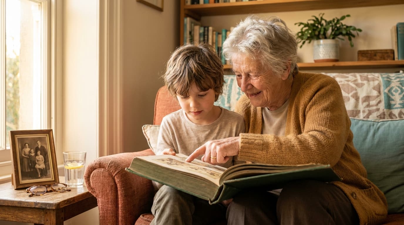 Un grand-parent et un petit-enfant lisent ensemble un livre de mémoires sur un canapé