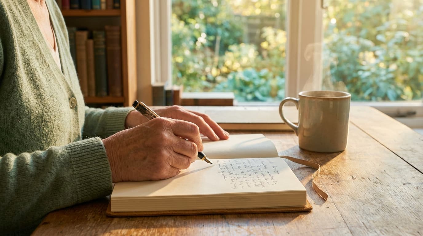 Une personne à la retraite écrit ses mémoires face à une fenêtre ensoleillée