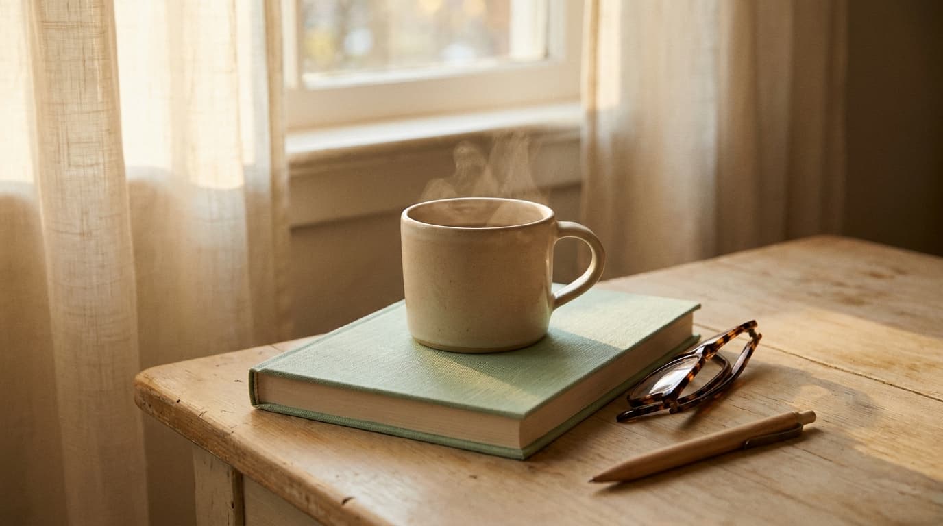 Une tasse de thé fumante posée sur un livre fermé, lumière apaisée