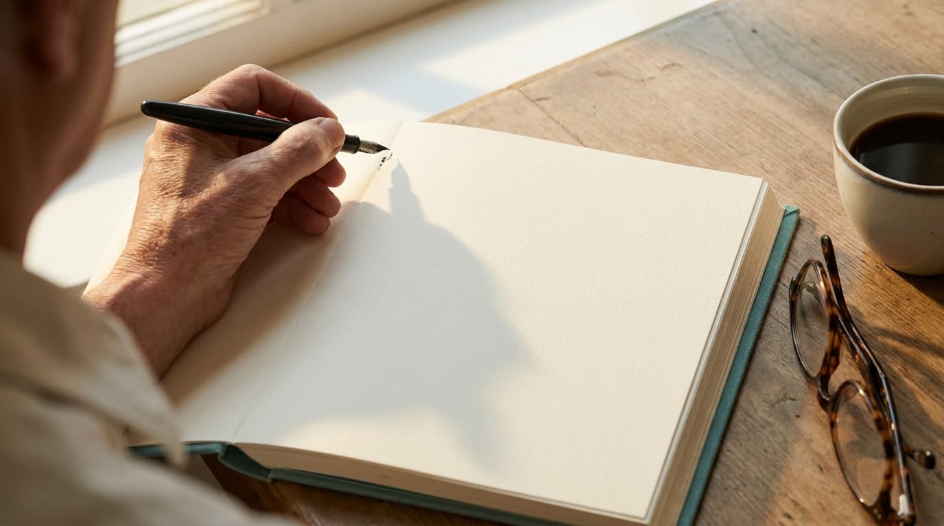 Une main qui écrit lentement sur une page blanche, lumière douce