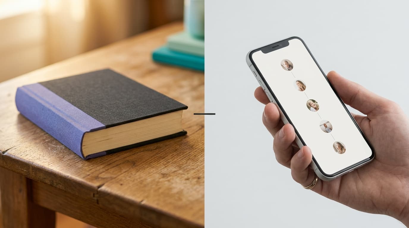 Un livre relié unique posé à côté d'un smartphone affichant une timeline d'application