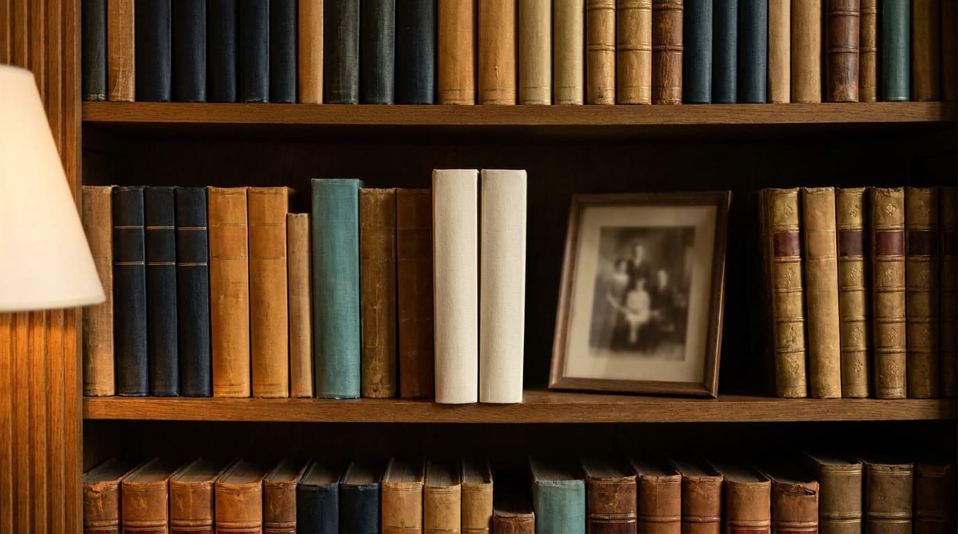 Une bibliothèque familiale avec des livres reliés, ambiance patrimoniale