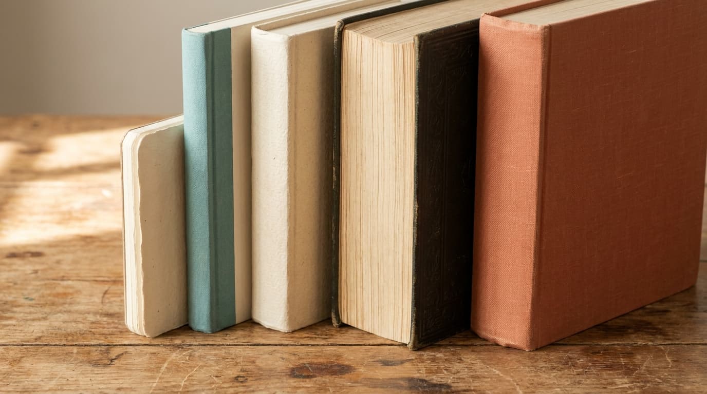 Plusieurs livres reliés empilés de tailles différentes, du petit format au grand ouvrage