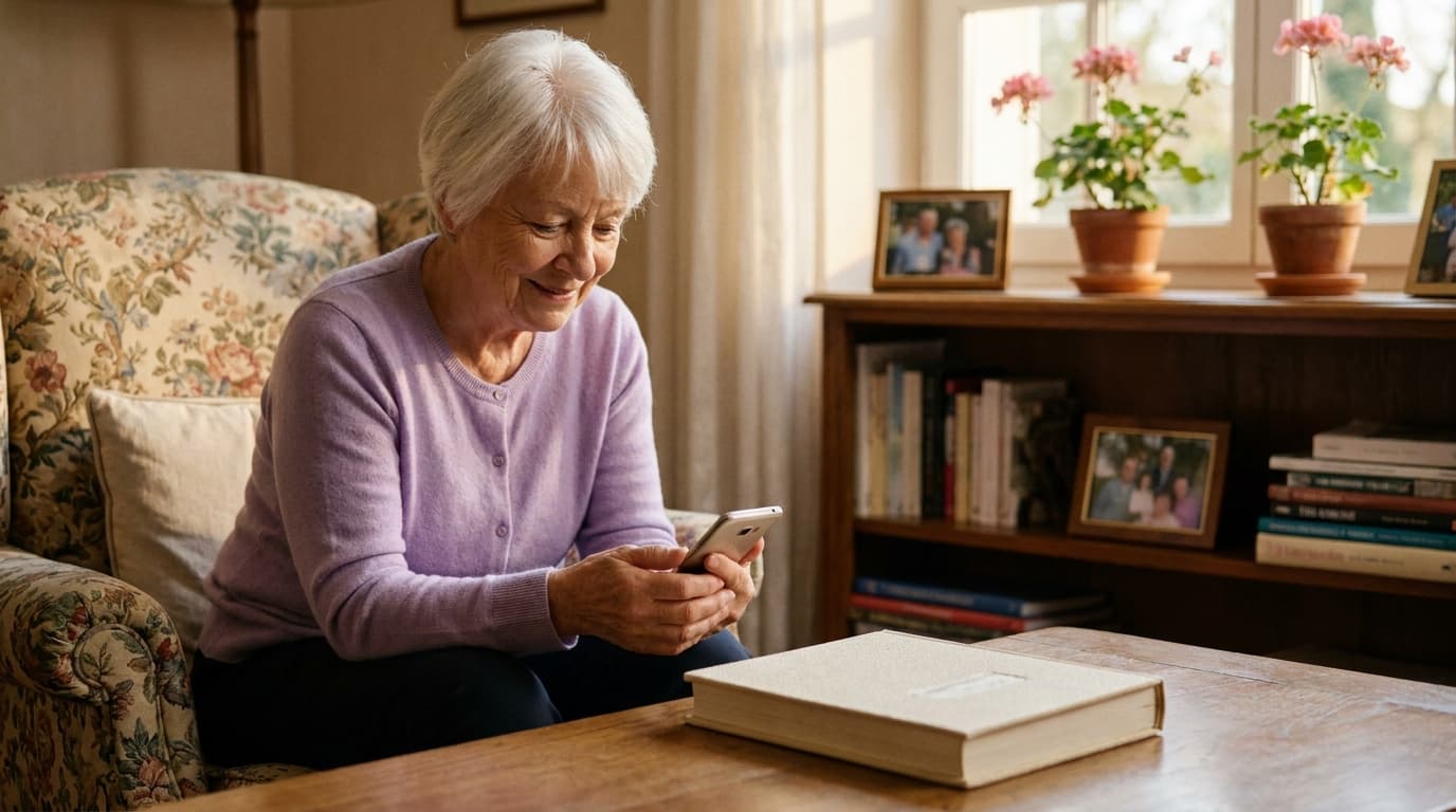 Une grand-mère tient un smartphone simplement, à côté d'un livre relié