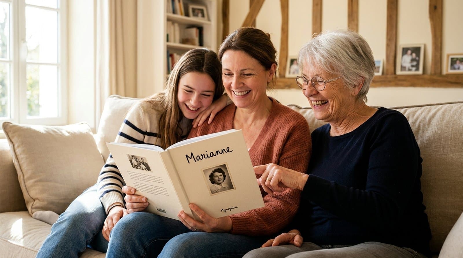 Une grand-mère, sa fille et sa petite-fille assises sur un canapé, riant devant le livre ouvert sur leurs genoux