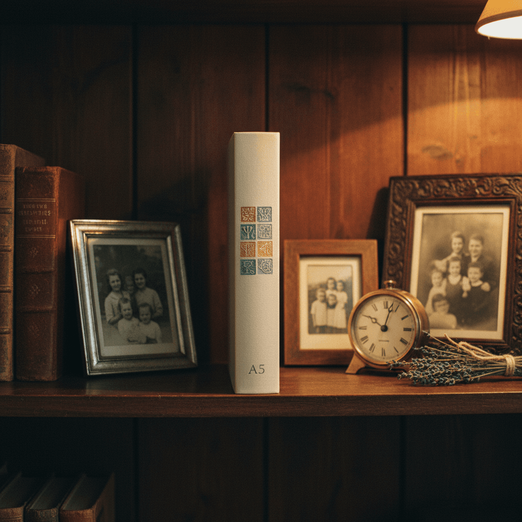 Une bibliothèque familiale avec des livres reliés, ambiance patrimoniale