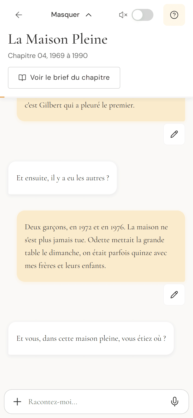 Un entretien en cours sur un téléphone : la question posée, la réponse racontée, la barre « Racontez-moi » en bas
