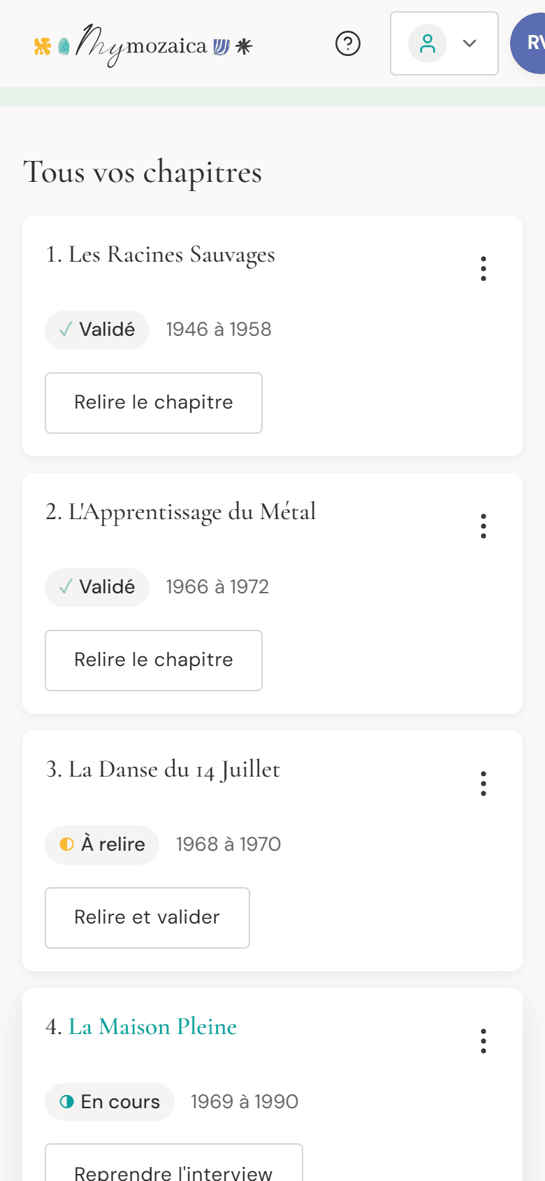 Le plan du livre sur un téléphone : les chapitres, leurs périodes et leur état