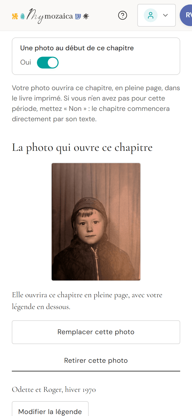 L’écran où l’on choisit la photo qui ouvre le chapitre